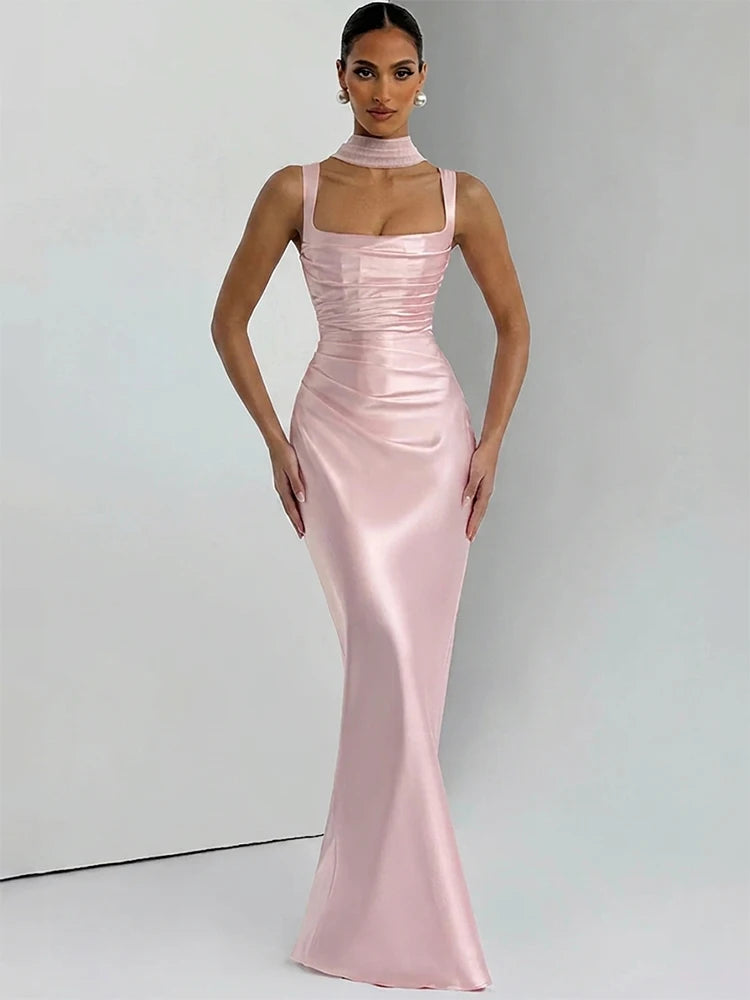 Vestido Maxi Satinado con Lazo y Espalda Descubierta