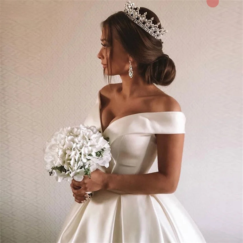 Satin V-Neck Off-Shoulder Wedding Dress