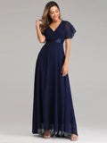 Vestido de Noche en Gasa con Volantes — Escote V Elegante