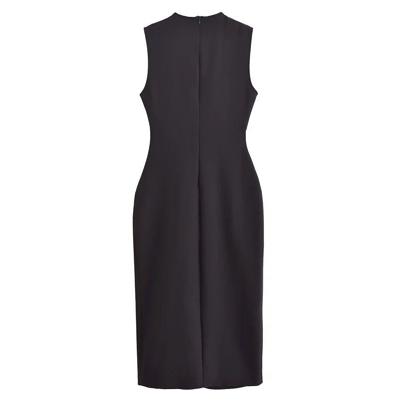 Vestido Midi Negro sin Mangas con Cinturón y Botones — Moda de Oficina 2025