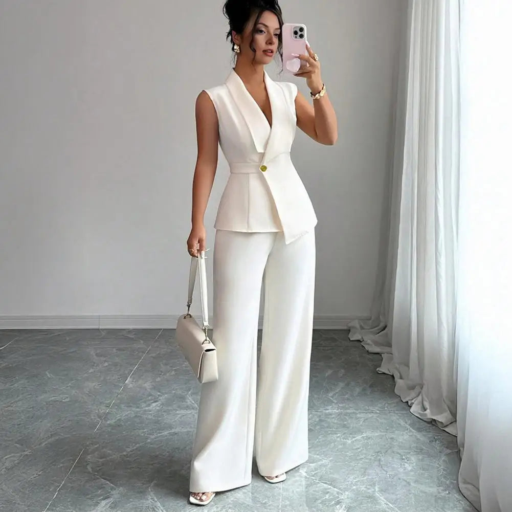 Conjunto de 2 Piezas: Chaleco sin Mangas y Pantalón de Pierna Ancha — Traje Elegante de Oficina