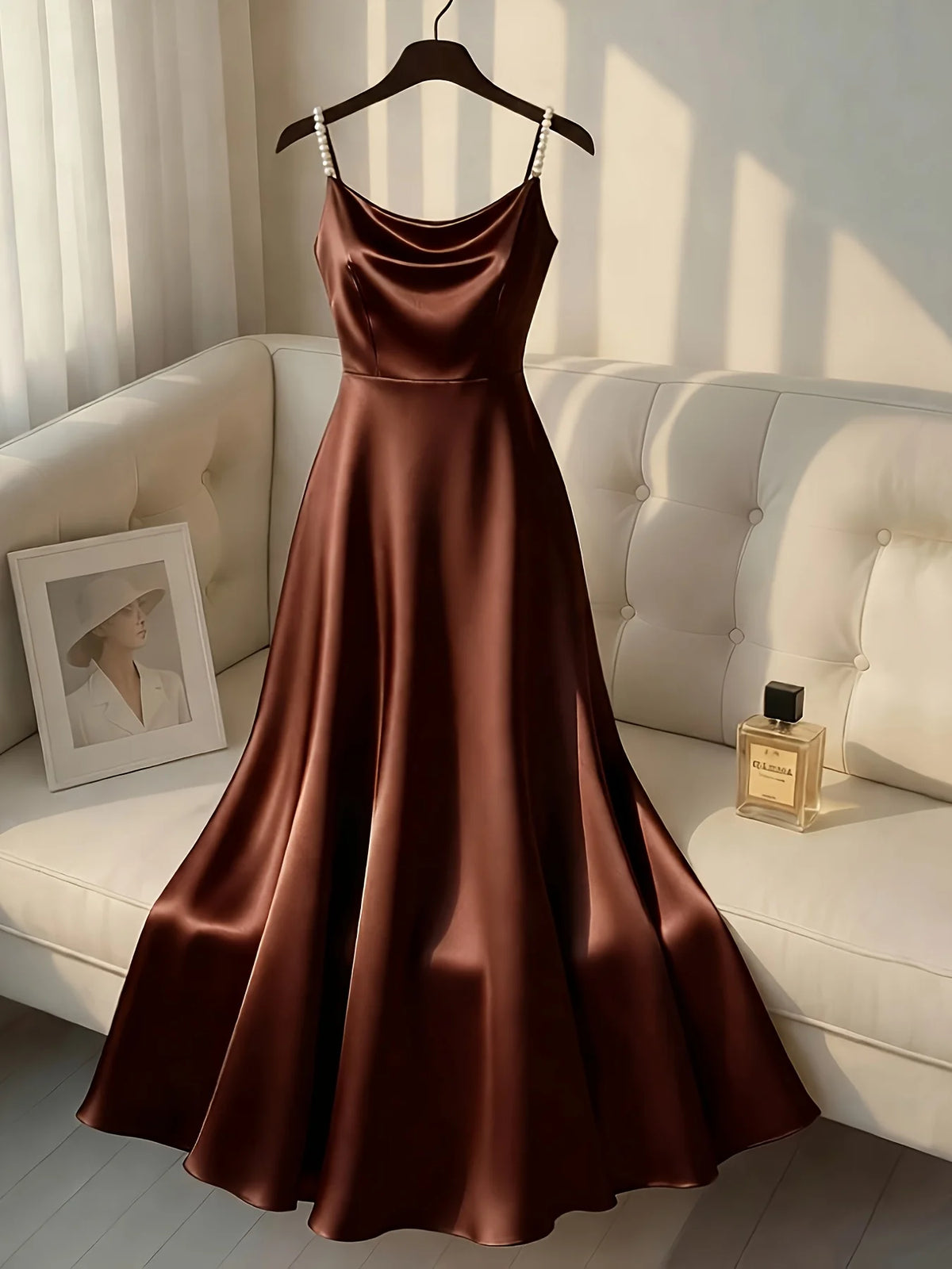 Vestido Slip Satinado con Tirantes de Perlas