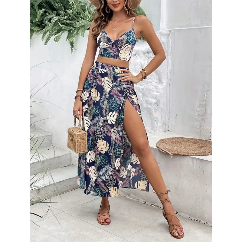 Conjunto Estampado Top Chaleco y Falda con Abertura