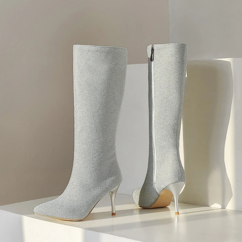 Bota Media Pierna con Lentejuelas – Tacón Fino Super Alto Invierno