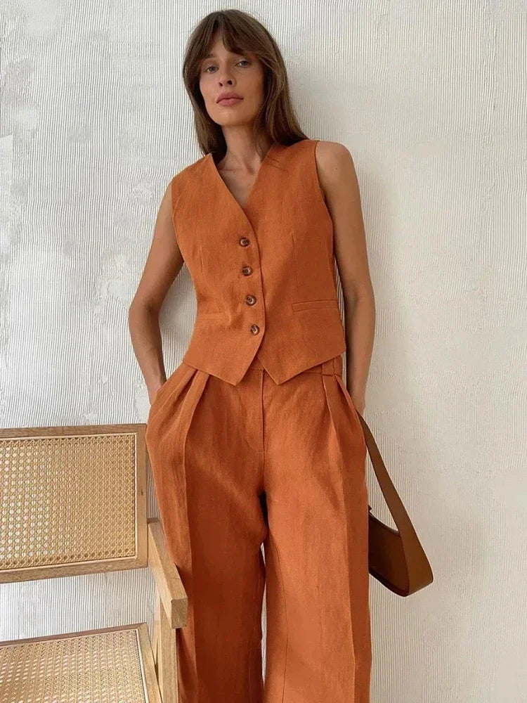 Conjunto de 2 Piezas en Lino y Algodón — Chaleco y Pantalón Palazzo Estilo Coreano