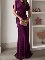 Vestido Largo Drapeado Cuello Redondo con Cintura Alta