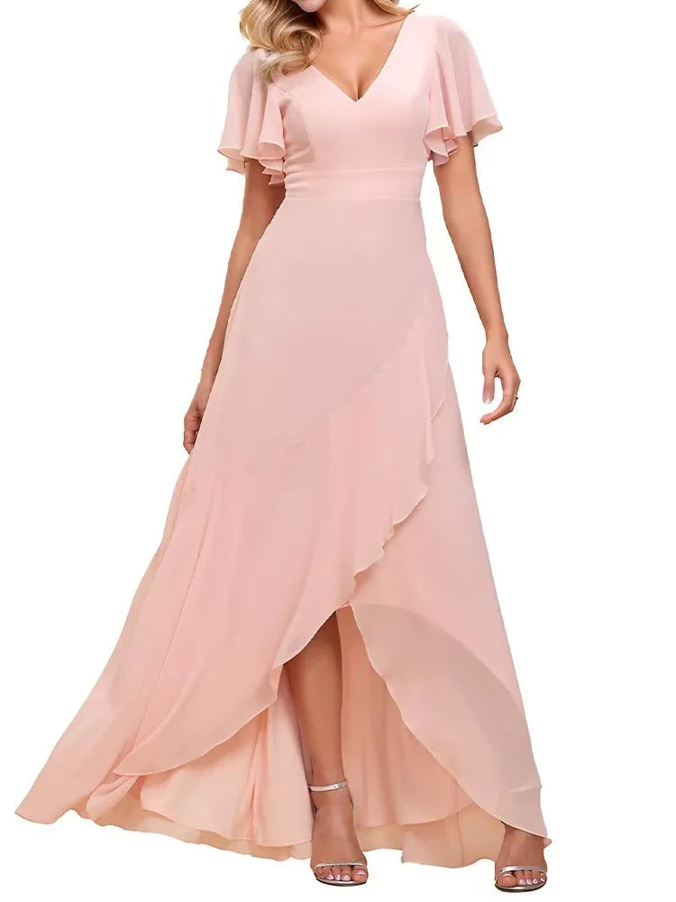 Vestido Largo de Gasa con Manga Corta y Escote Doble V