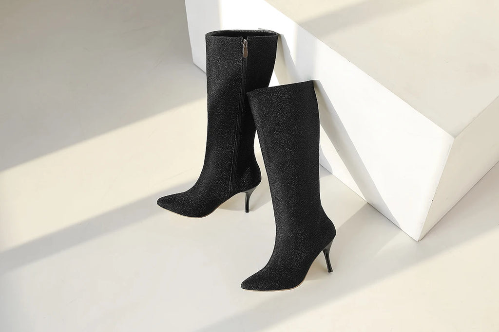 Bota Media Pierna con Lentejuelas – Tacón Fino Super Alto Invierno