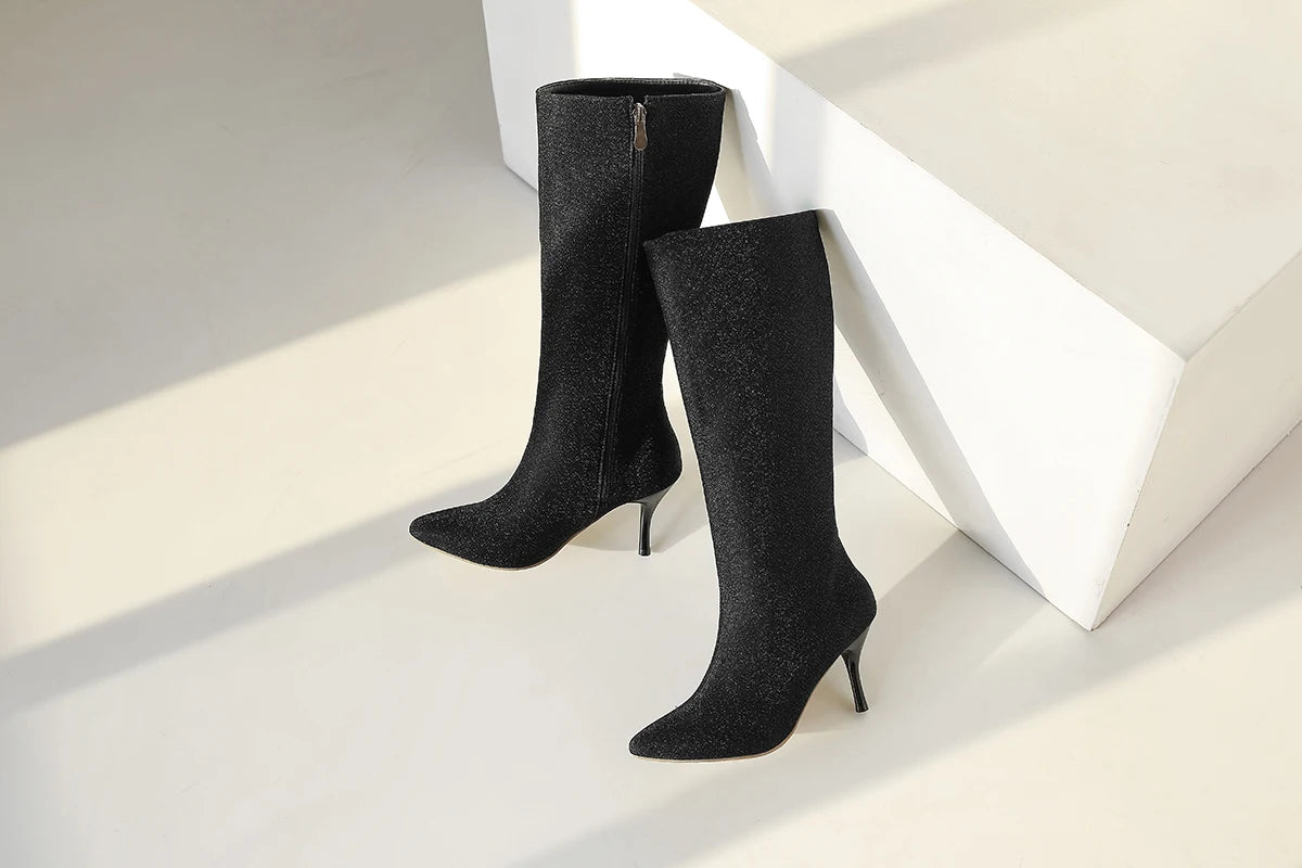 Bota Media Pierna con Lentejuelas – Tacón Fino Super Alto Invierno