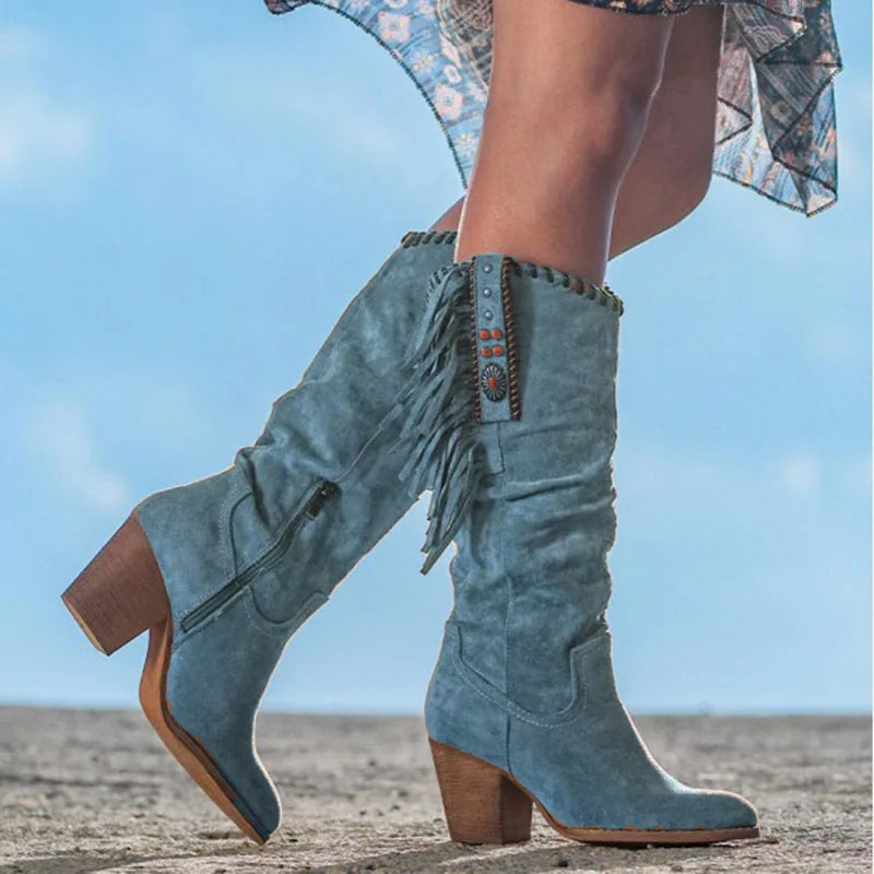 Bota Western Retro con Borlas y Hebilla Metálica – Tacón Cuadrado Otoño