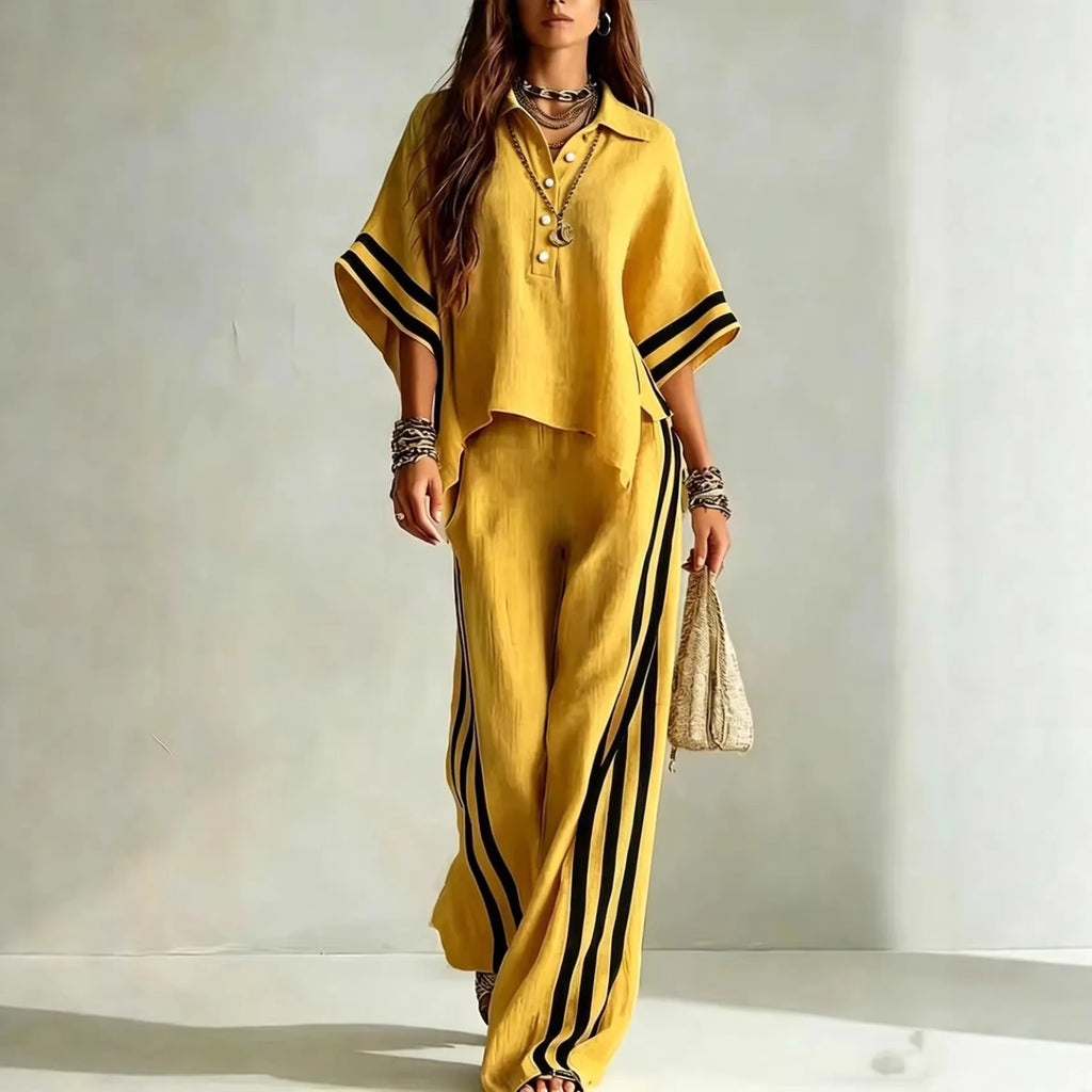 Conjunto Casual Blusa de Solapa y Pantalón a Rayas