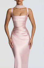 Vestido Maxi Satinado con Lazo y Espalda Descubierta