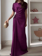Vestido Largo Drapeado Cuello Redondo con Cintura Alta