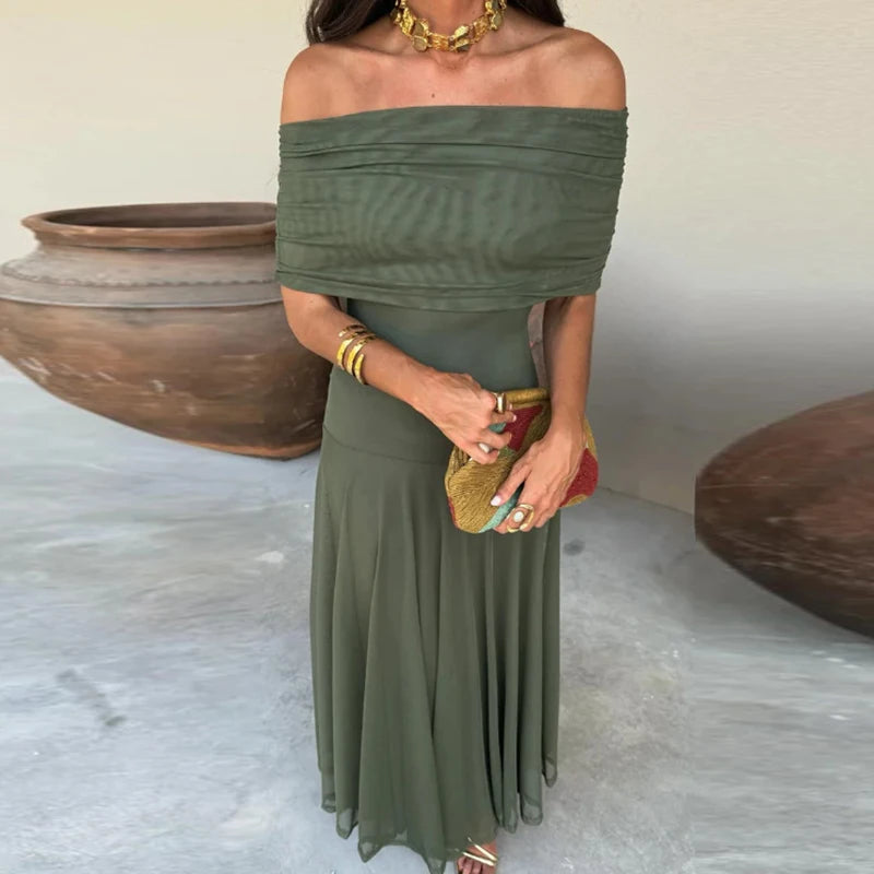 Vestido Largo Strapless de Malla con Cintura Alta