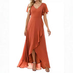 Vestido Largo de Gasa con Manga Corta y Escote Doble V