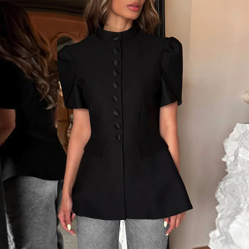 Blusa Blazer Negra con Cuello Alto y Manga Abullonada — Peplum Elegante de Oficina