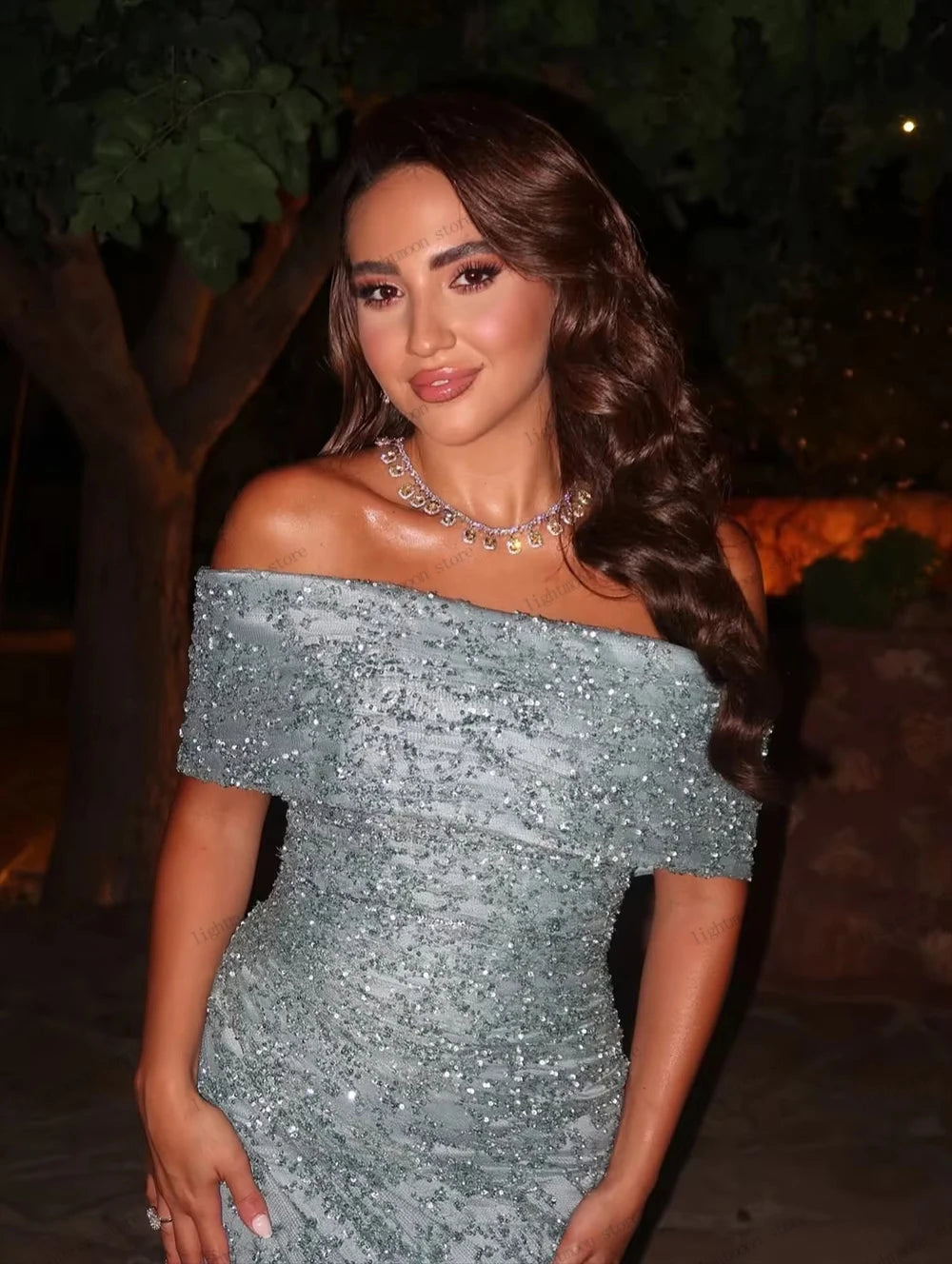 Vestido de Noche con Brillantes y Apliques — Personalizable