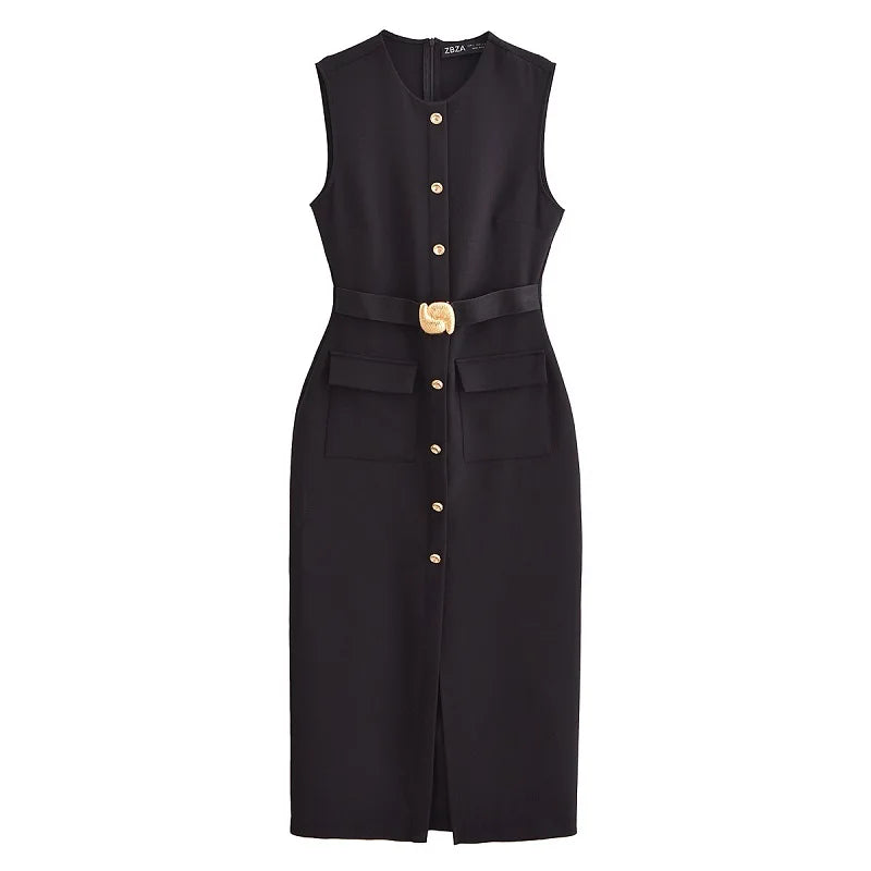 Vestido Midi Negro sin Mangas con Cinturón y Botones — Moda de Oficina 2025