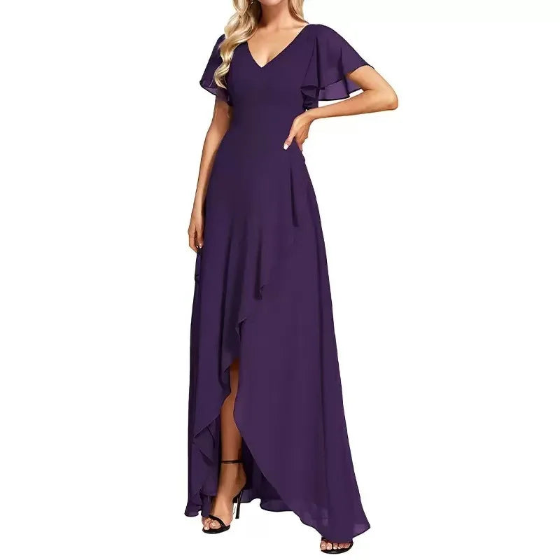 Vestido Largo de Gasa con Manga Corta y Escote Doble V