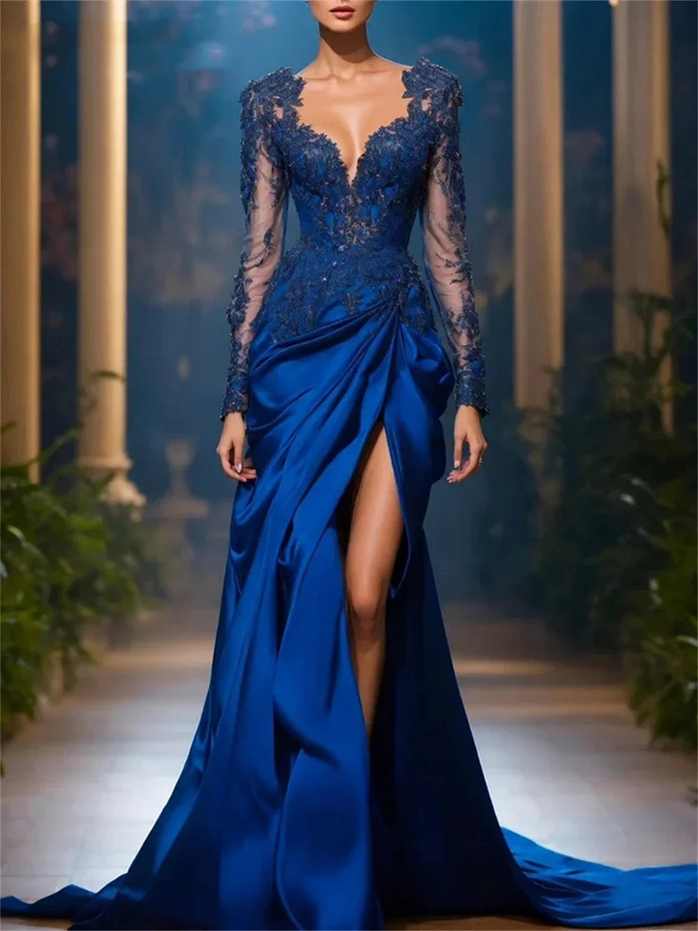 Vestido Sirena de Encaje con Manga Larga — Noche