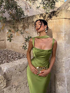 Vestido Maxi Satinado con Lazo y Espalda Descubierta