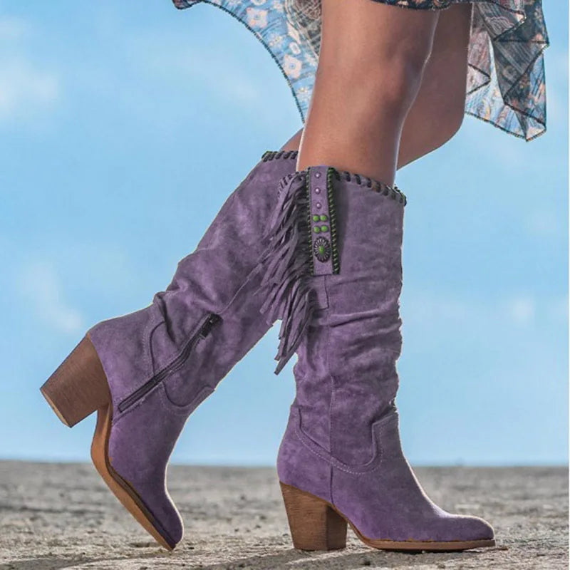 Bota Western Retro con Borlas y Hebilla Metálica – Tacón Cuadrado Otoño