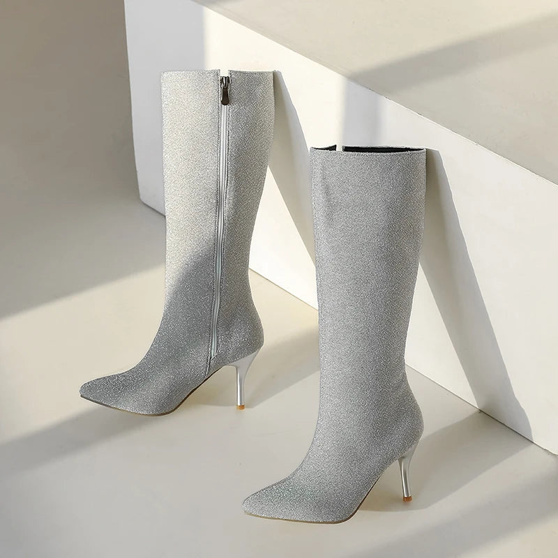 Bota Media Pierna con Lentejuelas – Tacón Fino Super Alto Invierno