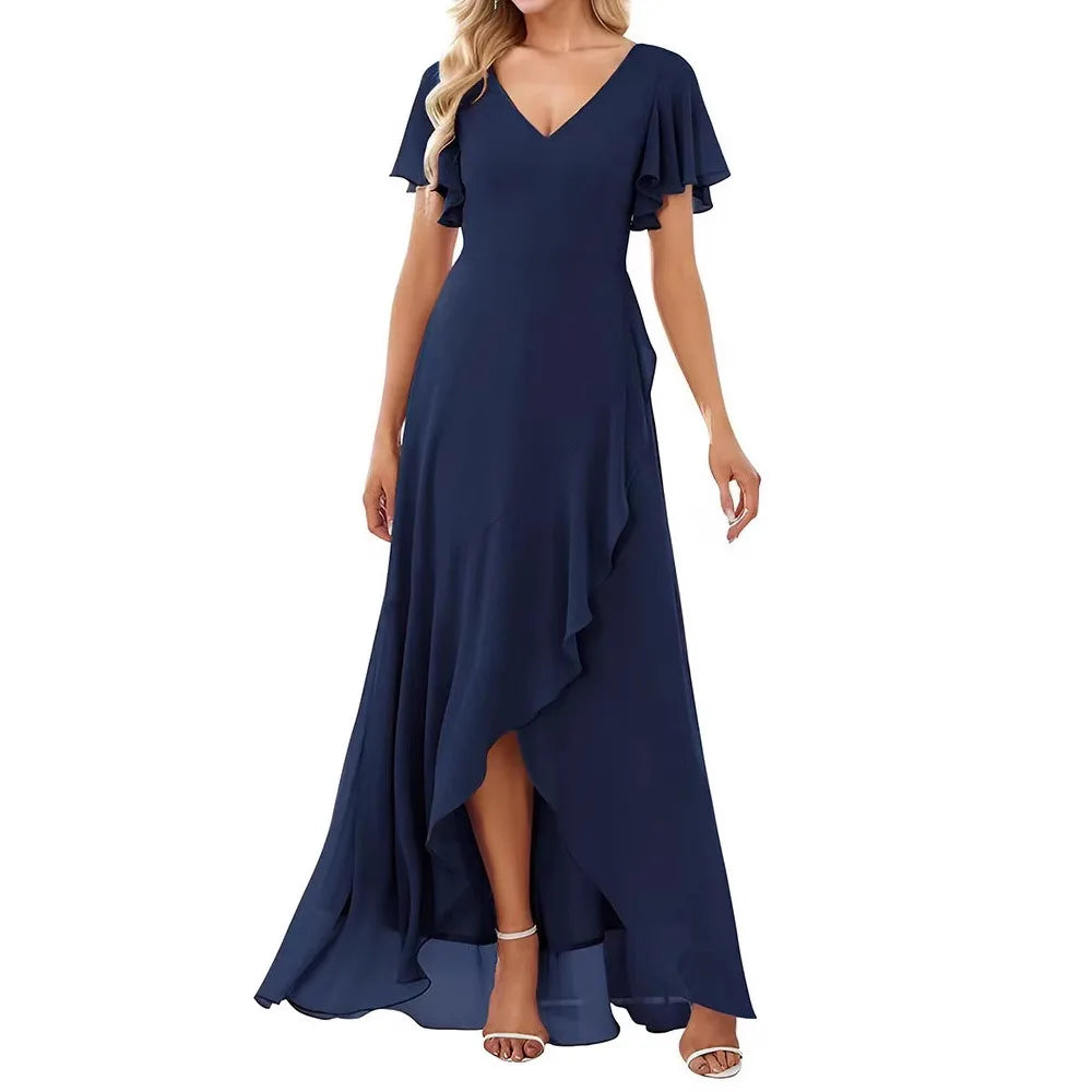Vestido Largo de Gasa con Manga Corta y Escote Doble V