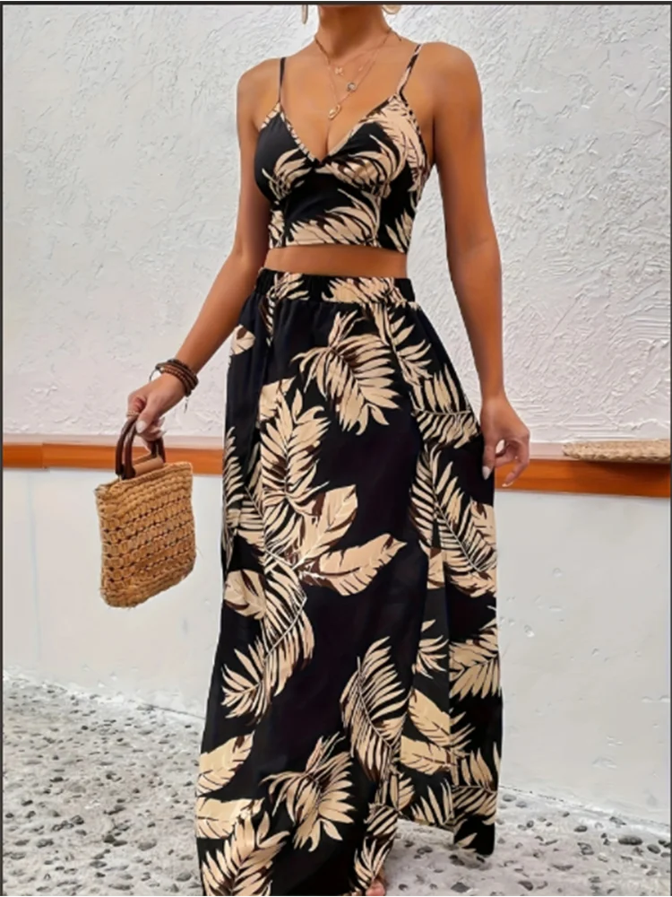 Conjunto Estampado Top Chaleco y Falda con Abertura