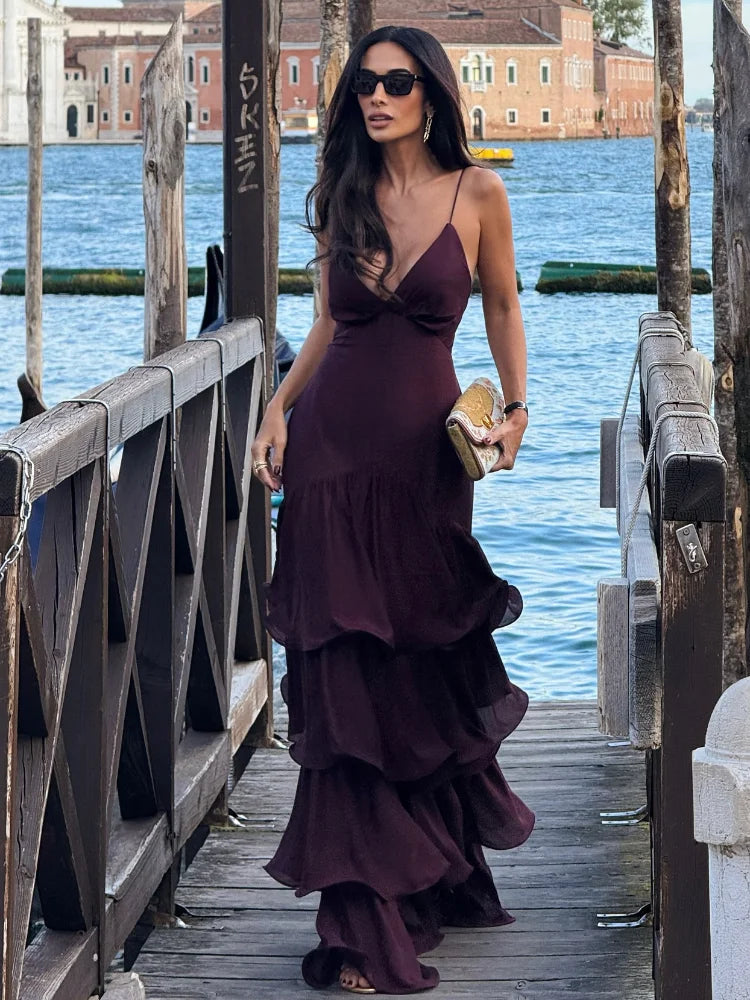 Vestido Maxi con Volantes y Espalda Descubierta