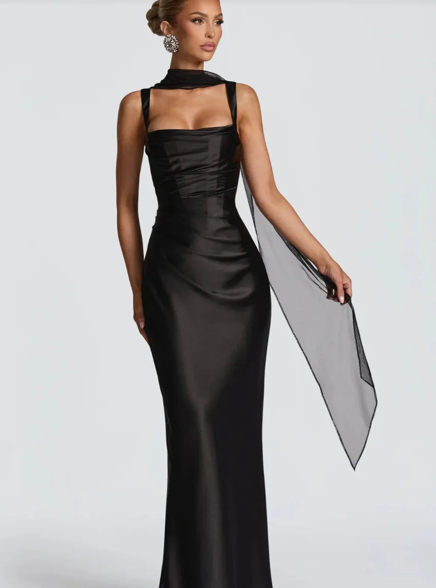 Vestido Maxi Satinado con Lazo y Espalda Descubierta