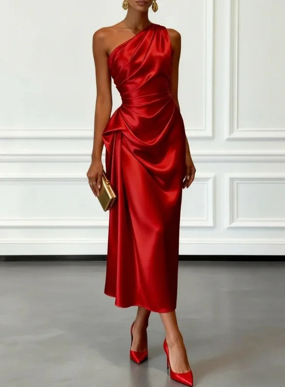 Vestido de Noche Satínado con Pliegues y Sin Mangas
