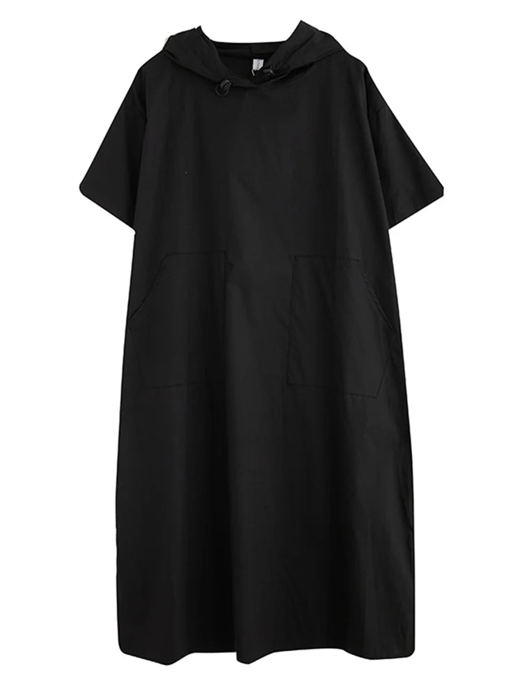 Vestido Largo Negro Oversized con Capucha — Estilo Casual