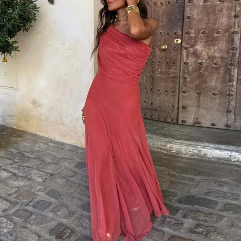 Vestido Largo Strapless de Malla con Cintura Alta