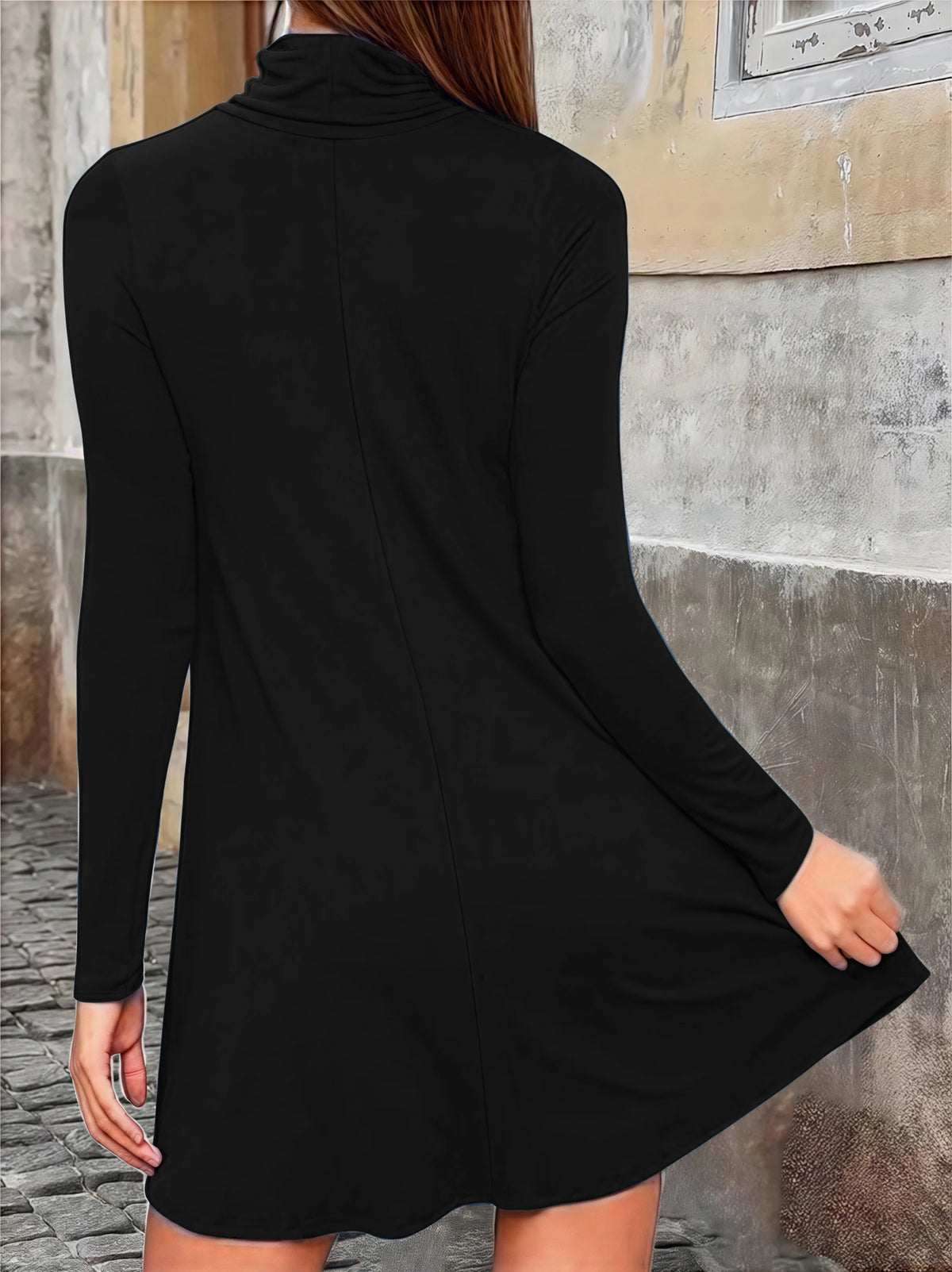 Vestido de Cuello Alto en Color Liso — Tallas Grandes, Manga Larga, Otoño-Invierno