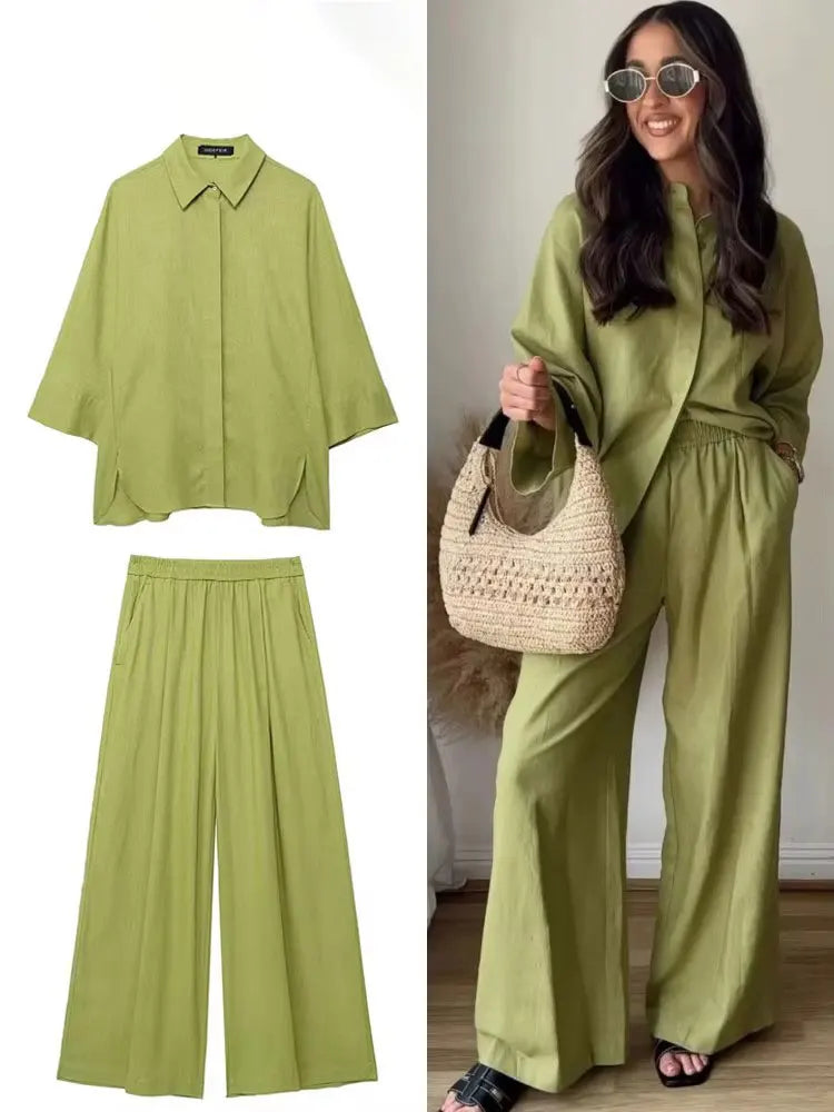 Conjunto Casual de Camisa y Pantalón de Pierna Ancha — Traje Suelto de Oficina