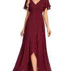 Vestido Largo de Gasa con Manga Corta y Escote Doble V