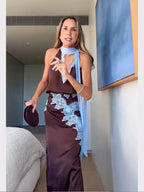 Conjunto Satínado Azul con Encaje — Falda y Top