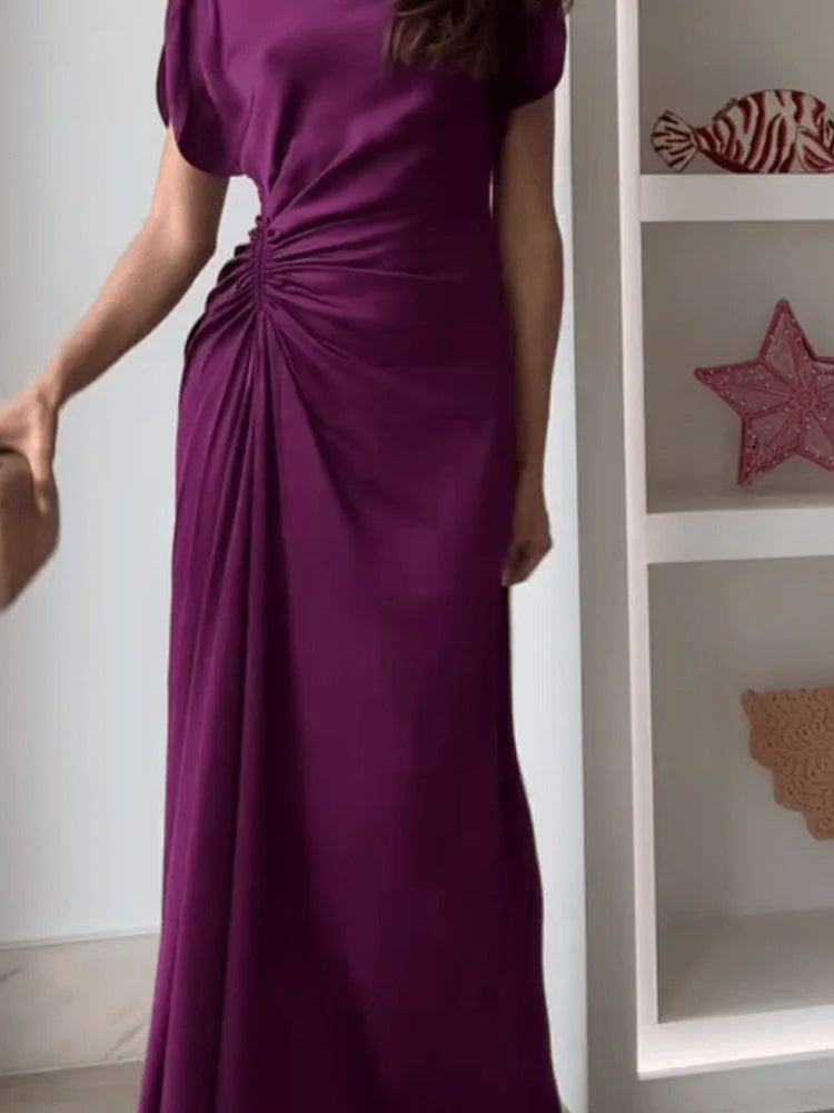 Vestido Largo Drapeado Cuello Redondo con Cintura Alta