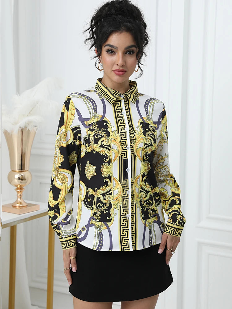 Blusa Estampada con Cuello Vuelto — Camisa Elegante de Oficina