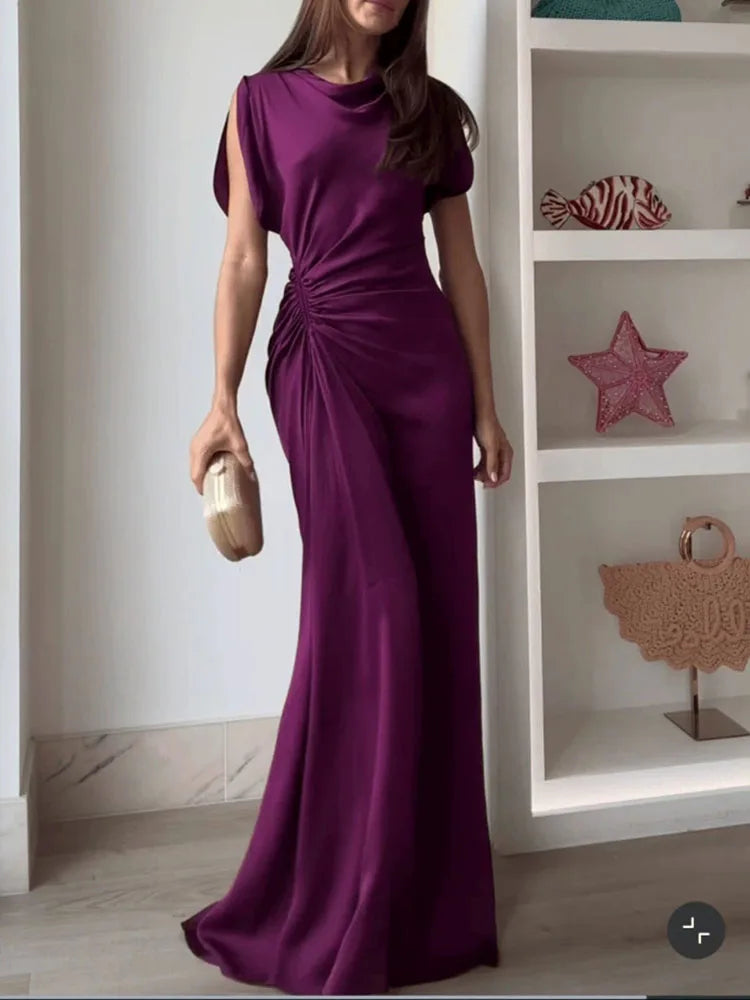 Vestido Largo Drapeado Cuello Redondo con Cintura Alta