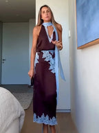 Conjunto Satínado Azul con Encaje — Falda y Top