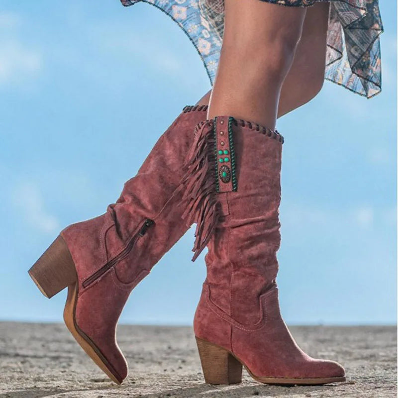 Bota Western Retro con Borlas y Hebilla Metálica – Tacón Cuadrado Otoño