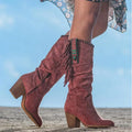 Bota Western Retro con Borlas y Hebilla Metálica – Tacón Cuadrado Otoño
