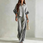 Conjunto Casual Blusa de Solapa y Pantalón a Rayas