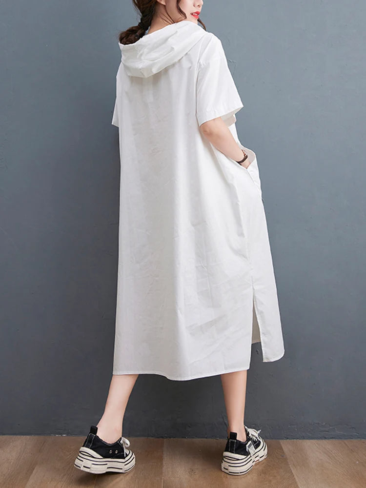 Vestido Largo Negro Oversized con Capucha — Estilo Casual