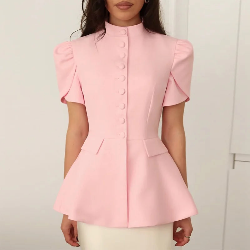 Blusa Blazer Negra con Cuello Alto y Manga Abullonada — Peplum Elegante de Oficina