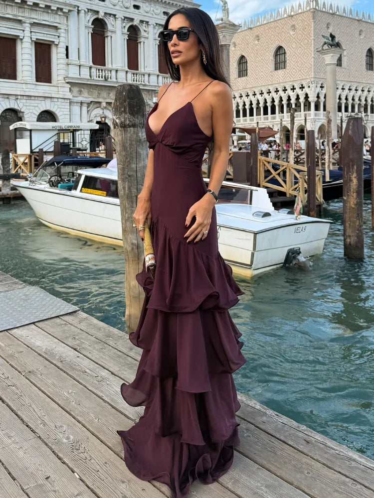 Vestido Maxi con Volantes y Espalda Descubierta