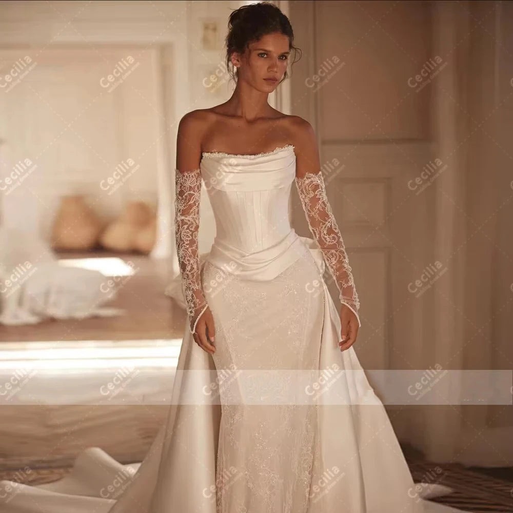 Vestido de Novia Satínado con Encaje y Espalda Descubierta
