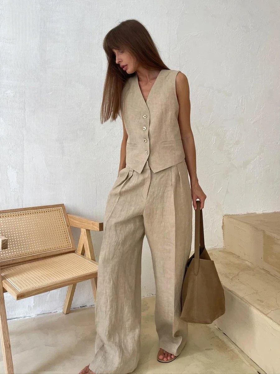 Conjunto de 2 Piezas en Lino y Algodón — Chaleco y Pantalón Palazzo Estilo Coreano